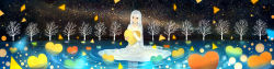 Rule 34 | 1girl, black eyes, closed mouth, commentary request, dress, heart, highres, holding, long hair, long image, long sleeves, looking at viewer, milky way, original, scenery, sky, soaking feet, solo, space, star (sky), starry sky, tree, very long hair, wading, water, white dress, white hair, wide image