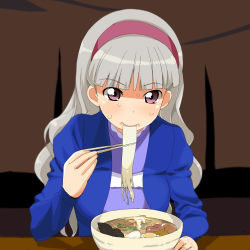 Rule 34 | 1girl, a1 (initial-g), absurdres, bowl, eating, female focus, food, highres, idolmaster, idolmaster (classic), indoors, long hair, non-web source, noodles, pink eyes, ramen, shijou takane, silver hair, solo, sweat