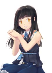 Rule 34 | 1girl, black hair, blue ribbon, breasts, brown eyes, dress, hands up, highres, long hair, original, own hands together, parfaith, parted lips, ribbon, simple background, sleeveless, small breasts, smile, solo, standing, white background