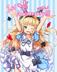 Rule 34 | 1girl, ;d, absurdres, anniversary, apron, arms up, baram, black bow, black hairband, black ribbon, blonde hair, blue dress, blush, bow, club (shape), collarbone, collared dress, commentary request, dated, diamond (shape), dress, green eyes, hair bow, hair ribbon, hairband, heart, highres, huge filesize, long hair, looking at viewer, mononobe alice, mononobe alice (1st costume), nijisanji, one eye closed, open mouth, puffy short sleeves, puffy sleeves, ribbon, short sleeves, smile, solo, spade (shape), sparkle, striped, striped background, vertical stripes, very long hair, virtual youtuber, white apron
