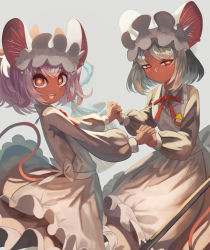Rule 34 | 2girls, absurdres, animal ears, apron, daikokuten (fate), dark-skinned female, dark skin, dress, fate/grand order, fate (series), grey dress, highres, holding hands, long sleeves, m0 chi, maid, maid headdress, mouse ears, mouse girl, mouse tail, multiple girls, red eyes, short hair, tail, white apron, white hair