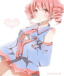 Rule 34 | 1girl, 2015, backlighting, bad id, bad pixiv id, bare shoulders, blue dress, blush, breasts, character name, dated, detached sleeves, dress, drill hair, happy birthday, heart, hiro (hirohiro31), kasane teto, long sleeves, pink eyes, pink hair, simple background, solo, twin drills, utau, white background, wide sleeves