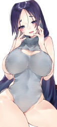 Rule 34 | 1girl, absurdres, alternate costume, bare shoulders, blush, breasts, cleavage cutout, clothing cutout, commentary request, covered navel, fate/grand order, fate (series), hands on own cheeks, hands on own face, highres, huge breasts, kou mashiro, leotard, long hair, minamoto no raikou (fate), open mouth, parted bangs, purple eyes, purple hair, striped clothes, striped leotard, third-party edit, very long hair