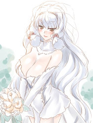 Rule 34 | 1girl, aged up, alternate breast size, bare shoulders, blush, bouquet, breasts, bridal veil, brown eyes, cleavage, collar, dress, elbow gloves, flower, gloves, hakkai, highres, kantai collection, large breasts, lips, lipstick, long hair, makeup, murakumo (kancolle), red lips, sidelocks, smile, solo, strapless, strapless dress, thick eyebrows, veil, very long hair, wavy hair, wedding dress