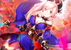 Rule 34 | 1girl, bare shoulders, blue eyes, blush, breasts, cleavage, cowboy shot, falling leaves, fate/grand order, fate (series), grin, holding, holding sword, holding weapon, kirushi (killcy), large breasts, leaf, light purple hair, long hair, looking at viewer, miyamoto musashi (fate), miyamoto musashi (third ascension) (fate), navel, ponytail, sheath, sheathed, smile, solo, sword, thighhighs, weapon