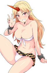Rule 34 | 1girl, animal print, bandeau, blonde hair, breasts, cleavage, collarbone, cuffs, earrings, fundoshi, grin, highres, horns, hoshiguma yuugi, japanese clothes, jewelry, large breasts, long hair, navel, oni, red eyes, shackles, single horn, sitting, smile, solo, strapless, tiger print, touhou, tsurui, tube top, very long hair