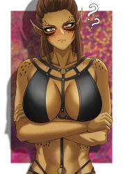 Rule 34 | 1girl, ?, ??, absurdres, baldur&#039;s gate, baldur&#039;s gate 3, breasts, brown eyes, brown hair, collarbone, colored skin, crossed arms, dungeons &amp; dragons, fax61209, freckles, gith (dungeons &amp; dragons), highres, lae&#039;zel, long hair, medium breasts, navel, o-ring, o-ring top, pointy ears, scar, scar on face, shadow, solo, standing, yellow skin