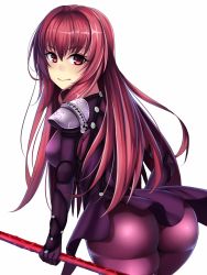 Rule 34 | 1girl, ass, blush, breasts, embarrassed, fate/grand order, fate (series), highres, huge ass, long hair, looking at viewer, looking back, nano (syoutamho), polearm, red hair, scathach (fate), scathach (fate), simple background, skirt, very long hair, weapon, white background