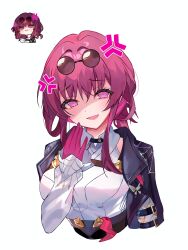 Rule 34 | 1girl, absurdres, anger vein, black choker, black jacket, blush, blush stickers, breasts, choker, collared jacket, collared shirt, eyewear on head, gloves, hair between eyes, hand up, highres, honkai: star rail, honkai: star rail sticker redraw (meme), honkai (series), jacket, kafka (honkai: star rail), kbnimated, large breasts, long sleeves, looking at viewer, meme, open clothes, open jacket, open mouth, pink eyes, pink gloves, puffy long sleeves, puffy sleeves, purple hair, round eyewear, shirt, short hair, short hair with long locks, sidelocks, simple background, smile, solo, spider web print, sunglasses, teeth, upper body, white background, white shirt