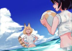 Rule 34 | 10s, 2girls, :d, ^ ^, alternate costume, animal ears, ball, bare arms, bare shoulders, beachball, black eyes, black hair, blonde hair, blue sky, bob cut, breasts, closed eyes, cloud, day, fingernails, hair between eyes, hands on own hips, highres, holding, holding ball, kaban (kemono friends), kemono friends, medium breasts, multiple girls, navel, ocean, open mouth, outdoors, partially submerged, serval (kemono friends), serval tail, shirt, short hair, short sleeves, sky, sleeves pushed up, smile, sou (pale 1080), stomach, t-shirt, tail, tail raised, teeth, tied shirt, wading, water, white shirt