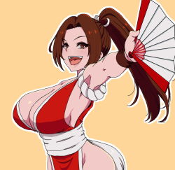 Rule 34 | 1girl, breasts, brown hair, fatal fury, hand fan, large breasts, long hair, okazunoridesuyo, open mouth, ponytail, revealing clothes, shiranui mai, solo, the king of fighters