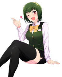 Rule 34 | 1girl, ;d, arm support, black skirt, black thighhighs, blunt bangs, blush, bow, bowtie, breasts, buttons, collared shirt, crossed legs, dress shirt, green hair, hairband, head tilt, headset, heart, highres, idolmaster, idolmaster (classic), long sleeves, looking at viewer, md5 mismatch, miniskirt, mole, mole under mouth, name tag, one eye closed, open mouth, otonashi kotori, pencil skirt, red eyes, shirt, short hair, side slit, simple background, sitting, skirt, smile, solo, thighhighs, tsurui, vest, white background, white shirt, zettai ryouiki