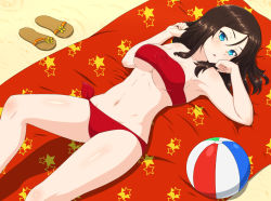 Rule 34 | 1girl, absurdres, ada badguy, ball, beach, beach towel, beachball, bikini, black hair, blue eyes, breasts, commentary request, girls und panzer, hands up, has bad revision, has downscaled revision, highres, large breasts, long hair, looking at viewer, lying, md5 mismatch, navel, nonna (girls und panzer), on back, parted lips, red bikini, red towel, resolution mismatch, sand, sandals, unworn sandals, solo, source smaller, star (symbol), star print, stomach, swimsuit, thighs, towel, underboob
