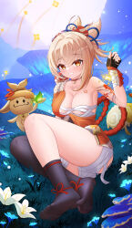 Rule 34 | 1girl, absurdres, bandages, blonde hair, breasts, cleavage, feet, genshin impact, highres, holding, holding fireworks, incredibly absurdres, large breasts, light blush, long hair, looking at viewer, medium breasts, parted lips, see-through, see-through legwear, smile, soles, toes, yellow eyes, yoimiya (genshin impact)