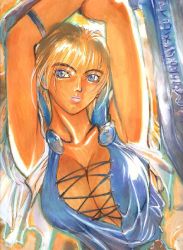 Rule 34 | 1girl, artist request, blonde hair, blue eyes, breasts, cleavage, cross-laced clothes, large breasts, sophitia alexandra, soul calibur, sword, traditional media, weapon