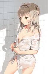 Rule 34 | 1girl, anmi, blush, breasts, brown hair, cleavage, hair tie, highres, long hair, looking away, naked shirt, off shoulder, original, shadow, shirt, sidelocks, small breasts, solo, standing, tiles, wet, yellow eyes
