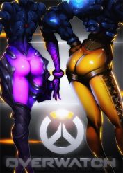 Rule 34 | 2girls, arched back, armor, ass, ass focus, back, black gloves, bodysuit, boots, chest harness, contrapposto, copyright name, cross-laced clothes, elbow gloves, from behind, gauntlets, gloves, harness, head out of frame, multiple girls, orange bodysuit, overwatch, overwatch 1, pants, pink bodysuit, skin tight, skindentation, standing, thigh boots, thighhighs, thighs, tight clothes, tight pants, tracer (overwatch), vambraces, vestige stls, widowmaker (overwatch)