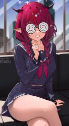 Rule 34 | 1girl, ass, black shirt, black skirt, braid, coke-bottle glasses, collarbone, crossed legs, double halo, elazu, glasses, halo, highres, hololive, hololive english, horns, indoors, irys (gaming casual) (hololive), irys (hololive), long hair, multicolored hair, official alternate costume, opaque glasses, pleated skirt, pointy ears, purple hair, red hair, round eyewear, shirt, sitting, skirt, smile, solo, star halo, streaked hair, thighs, twin braids, two-tone hair, unworn neckerchief, virtual youtuber