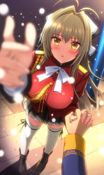 Rule 34 | 10s, 1girl, amagi brilliant park, antenna hair, blurry, blush, bow, breasts, brown eyes, brown hair, depth of field, derauea, hair bow, hair intakes, highres, holding hands, kanie seiya, large breasts, long hair, looking at viewer, open mouth, ponytail, pov, pov hands, sento isuzu, snow, solo focus, standing, taut clothes, thighhighs, uniform, white thighhighs, winter