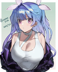 Rule 34 | 1girl, alternate costume, blue hair, blush, breasts, cleavage, dated, i-19 (kancolle), kantai collection, large breasts, long hair, picoli1313, pink eyes, solo, star-shaped pupils, star (symbol), symbol-shaped pupils, tri tails, twitter username, upper body