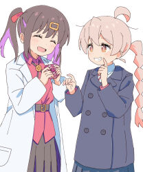 Rule 34 | 2girls, :d, ^ ^, ahoge, belt, black coat, black hair, black skirt, bolo tie, braid, brown eyes, closed eyes, coat, commentary, finger to mouth, grin, hair ornament, hairclip, happy, highres, lab coat, long hair, long sleeves, looking at another, multicolored hair, multiple girls, onii-chan wa oshimai!, open mouth, oyama mahiro, oyama mihari, pink hair, purple hair, red shirt, shirt, siblings, simple background, sisters, skirt, smile, tetesudeesu, twintails, two-tone hair, white background, white shirt, wing collar