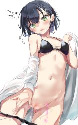 Rule 34 | 1girl, absurdres, bare shoulders, bikini, bikini pull, black bikini, black hair, blush, breasts, cleft of venus, clothes pull, collarbone, from below, gluteal fold, green eyes, groin, hair ornament, hand on own crotch, highres, holding, junior (toshizou), looking at viewer, naked shirt, navel, original, pussy, pussy juice, shirt, short hair, small breasts, solo, swimsuit, toshizou (0714), towel, uncensored, undressing, v-shaped eyebrows, wet, wet clothes, wet shirt, x hair ornament