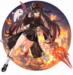 Rule 34 | 1girl, black footwear, black hat, black shorts, brown hair, bug, butterfly, chinese clothes, closed eyes, fang, fire, full body, genshin impact, ghost, glowing butterfly, hair between eyes, hand up, hat, highres, holding, holding polearm, holding weapon, hu tao (genshin impact), insect, itou youichi, jewelry, kneehighs, legs, loafers, long hair, long sleeves, looking at viewer, multiple rings, open mouth, outside border, polearm, porkpie hat, red eyes, ring, round image, running, shoes, short shorts, shorts, smile, socks, solo, staff of homa (genshin impact), star-shaped pupils, star (symbol), symbol-shaped pupils, tailcoat, tassel, teeth, thighs, top hat, twintails, twitter username, upper teeth only, very long hair, waving, weapon, white socks, wide sleeves, yellow butterfly