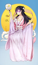 Rule 34 | 1girl, absurdres, bad id, bad pixiv id, beifeng han, black hair, blush, breasts, rabbit, chinese clothes, cleavage, closed mouth, collarbone, flower, full body, glowing, glowing eyes, hair flower, hair ornament, hand fan, hanfu, highres, large breasts, long hair, long sleeves, looking at viewer, mid-autumn festival, miyaura sanshio, original, paper fan, pink eyes, sash, sitting, smile, solo, uchiwa, wide sleeves