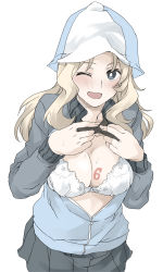 Rule 34 | 1girl, black shirt, blonde hair, blue eyes, blue hat, blue jacket, blue skirt, blush, body writing, bra, breasts, bright pupils, cleavage, clothes lift, cosplay, elf (stroll in the woods), girls und panzer, hat, highres, jacket, kay (girls und panzer), keizoku military uniform, large breasts, lifting own clothes, long hair, long sleeves, looking at viewer, mika (girls und panzer), mika (girls und panzer) (cosplay), military, military uniform, miniskirt, one eye closed, open mouth, partially unzipped, pleated skirt, raglan sleeves, shirt, shirt lift, simple background, skirt, smile, solo, standing, sweat, textless version, track jacket, tulip hat, underwear, uniform, white background, white bra, white pupils