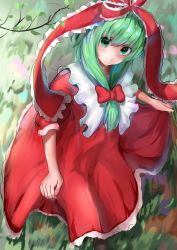 Rule 34 | 1girl, blush, bow, branch, closed mouth, collarbone, day, dress, frilled shirt collar, frills, from above, front ponytail, full body, garaudon, grass, green eyes, green hair, hair bow, head tilt, highres, kagiyama hina, leaf, long hair, outdoors, petticoat, red bow, red dress, sleeves past elbows, smile, solo, touhou