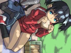 Rule 34 | 1girl, blue eyes, buruma, eating, food, gym uniform, isnchi, jersey, long sleeves, looking up, original, outdoors, sandwich, solo, thermos, twintails
