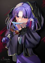 Rule 34 | 1girl, absurdres, black gloves, blood, blood on face, bloody knife, braid, commentary request, dress, fate/grand order, fate/stay night, fate (series), gloves, highres, holding, holding knife, hood, hood up, knife, looking at viewer, medea (fate), parted lips, purple dress, purple eyes, purple hair, rulebreaker, san (harutuki 3), side braid, signature, solo