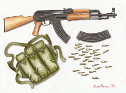 Rule 34 | absurdres, ammunition, ammunition pouch, assault rifle, bayonet, chest rig, colored pencil (medium), commentary, dated, english commentary, gun, highres, kalashnikov rifle, magazine (weapon), mixed media, no humans, original, pen (medium), photoshop (medium), pouch, rifle, rifle cartridge, signature, simple background, still life, stopsigndrawer81, traditional media, type 56 assault rifle, weapon, weapon focus, white background