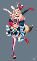 Rule 34 | 1girl, :d, animal ears, armpits, blonde hair, blush, breasts, cleavage, cosplay, elbow gloves, facial mark, fennec fox, finalcake, fox ears, fox tail, full body, gloves, gradient hair, hair ornament, hairclip, hat, highres, hololive, jewelry, kitagawa marin, large breasts, long hair, looking at viewer, multicolored hair, navel, omaru polka, omaru polka (1st costume), omaru polka (cosplay), open mouth, piercing, pink hair, red gloves, ring, skirt, sleeveless, smile, solo, sono bisque doll wa koi wo suru, striped clothes, striped thighhighs, tail, teeth, thighhighs, tongue, tongue piercing, vertical-striped clothes, vertical-striped thighhighs, virtual youtuber