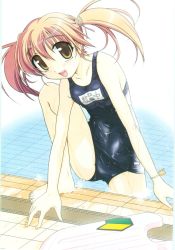 Rule 34 | 1girl, akazawa red, barefoot, blonde hair, highres, kickboard, name tag, non-web source, one-piece swimsuit, open mouth, original, pool, poolside, school swimsuit, shiny clothes, shoshinsha mark, skindentation, solo, swimsuit, teeth, twintails, water, wet, wet clothes, yellow eyes