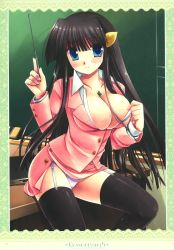 Rule 34 | 1girl, absurdres, black thighhighs, breasts, cleavage, highres, huge filesize, large breasts, miyasu risa, solo, teacher, thighhighs