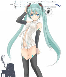 Rule 34 | 2girls, aqua hair, blue eyes, elbow gloves, gloves, h016, hatsune miku, hatsune miku (append), long hair, multiple girls, musical note, navel, necktie, no pants, panties, squiggle, striped clothes, striped panties, thighhighs, twintails, underwear, very long hair, vocaloid, vocaloid append, you gonna get raped