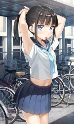 Rule 34 | 1girl, armpits, arms up, bicycle, black hair, blue eyes, breasts, copyright request, cowboy shot, highres, kantoku, looking at viewer, midriff, mouth hold, navel, outdoors, pleated skirt, school uniform, serafuku, short sleeves, sidelocks, skirt, small breasts, solo, tying hair