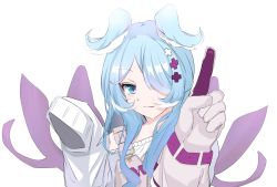Rule 34 | 1girl, blue eyes, dragon wings, eggmuffinffin, elira pendora, elira pendora (1st costume), gloves, grey gloves, grey overalls, hair over one eye, head wings, highres, looking at viewer, nijisanji, nijisanji en, off shoulder, one eye covered, overalls, pointing, pointing up, portrait, single glove, smile, solo, virtual youtuber, wings
