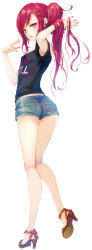 Rule 34 | 1girl, akabane eiri, arm up, ass, braid, clothes writing, cutoffs, denim, denim shorts, earrings, english text, fingernails, french braid, high heels, highres, jewelry, jitome, kneepits, long hair, long legs, looking back, nail polish, namanie, no socks, official art, open shoes, original, parted lips, psycome, red eyes, red hair, sandals, short shorts, shorts, side ponytail, simple background, solo, very long hair, white background