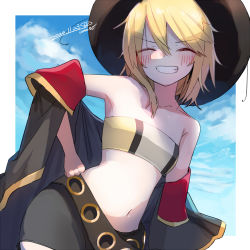 Rule 34 | 1girl, bare shoulders, belt, blonde hair, border, cowboy hat, detached sleeves, closed eyes, female focus, grin, hair between eyes, hand on own hip, hat, highres, navel, short shorts, shorts, signature, sky, smile, solo, sonolar, strapless, summon night, summon night 3, tube top, umino hotate, cowboy western, white border