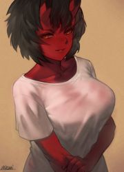 Rule 34 | 1girl, black hair, breasts, colored skin, fingernails, horns, kidouko (zakusi), large breasts, looking at viewer, oni, orange eyes, original, red oni, red skin, shirt, short hair, short sleeves, signature, smile, solo, symbol-only commentary, upper body, white shirt, yellow background, zakusi
