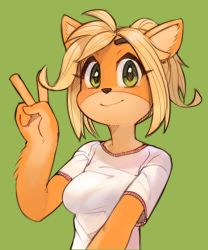 Rule 34 | 1girl, alternate hair length, alternate hairstyle, animal ears, blonde hair, blush, body fur, breasts, closed mouth, coco bandicoot, crash bandicoot (series), female focus, furry, furry female, green background, green eyes, hand up, happy, highres, looking at viewer, medium breasts, shirt, short hair, short sleeves, simple background, smile, solo, upper body, v, wamudraws, white shirt