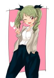 Rule 34 | 1girl, ;d, absurdres, alternate costume, anchovy (girls und panzer), barashiya, black pants, black ribbon, blush, brown sweater, cardigan, casual, collared shirt, commentary, cowboy shot, drill hair, girls und panzer, green hair, hair ribbon, hand in pocket, heart, highres, light blush, long hair, long sleeves, looking at viewer, one eye closed, open cardigan, open clothes, open mouth, outside border, pants, pink background, red eyes, ribbon, shirt, smile, solo, standing, sweater, twin drills, twintails, v, white shirt