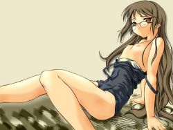 Rule 34 | 1girl, brown hair, flat chest, glasses, leaning, long hair, nipples, one-piece swimsuit, original, school swimsuit, solo, swimsuit, very long hair