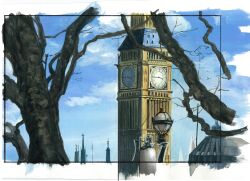 Rule 34 | absurdres, aerial (aerial 30), blue sky, border, building, cloud, cloudy sky, elizabeth tower, highres, lamppost, london, no humans, original, painting (medium), plant, rooftop, sky, tower, traditional media, tree, white border