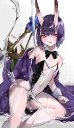 Rule 34 | 1girl, aano (10bit), bare legs, bare shoulders, black bow, black bowtie, black leotard, blush, bob cut, bow, bowtie, breasts, commentary request, detached collar, eyeliner, fangs, fate/grand order, fate (series), feet out of frame, gourd, highres, holding, holding sword, holding weapon, horns, japanese clothes, kimono, leotard, looking at viewer, makeup, oni, open clothes, open kimono, parted lips, purple eyes, purple hair, purple kimono, see-through, see-through leotard, short hair, shuten douji (fate), simple background, skin-covered horns, small breasts, solo, strapless, strapless leotard, sword, thick eyebrows, traditional bowtie, water, weapon, wet, white background, white wrist cuffs, wrist cuffs