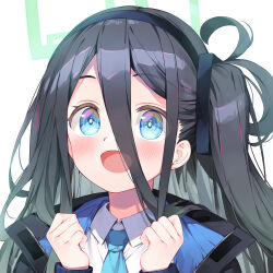Rule 34 | 1girl, absurdly long hair, aris (blue archive), black hair, black hairband, blue archive, blue eyes, blue necktie, blush, bucchake (asami), collared shirt, green halo, hairband, halo, jacket, long hair, long sleeves, looking at viewer, necktie, one side up, open clothes, open jacket, open mouth, ringed eyes, shirt, simple background, smile, solo, two-sided fabric, two-sided jacket, upper body, very long hair, white background, white jacket, white shirt
