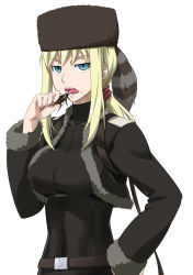 Rule 34 | 00s, 1girl, bad id, bad pixiv id, belt, blonde hair, bug, cockroach, coon hat, darker than black, green eyes, hand on own hip, hat, hip focus, bug, jacket, open mouth, skin tight, solo, tanya (darker than black), tanya akulova, youkan
