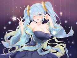 Rule 34 | 1girl, aqua hair, bad id, bad pixiv id, bare shoulders, blue eyes, blue hair, blush, breasts, cleavage, commentary request, detached sleeves, jewelry, large breasts, league of legends, long hair, looking at viewer, multicolored hair, navel, necklace, one eye closed, sarang s2, smile, solo, sona (league of legends), star (symbol), twintails, very long hair, wide sleeves